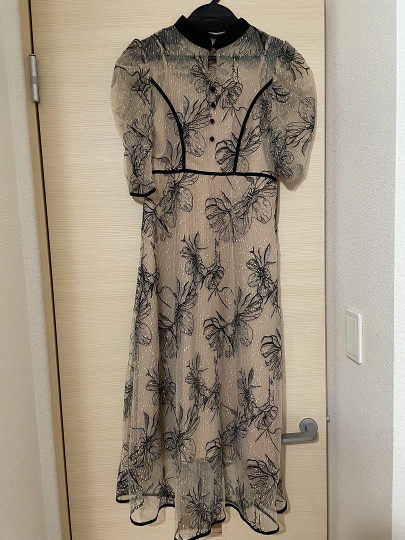 Leja 配色パイピングプチハイネック花柄刺繍ラメレースロング丈