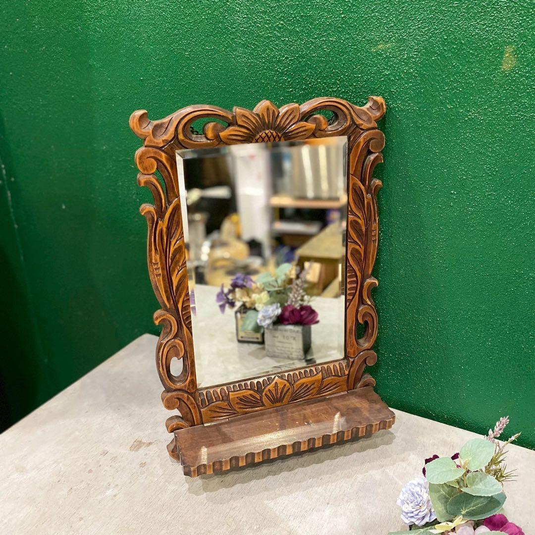 壁掛 鏡 ウォールミラー 昭和レトロ 当時物 木製 木彫り インテリア