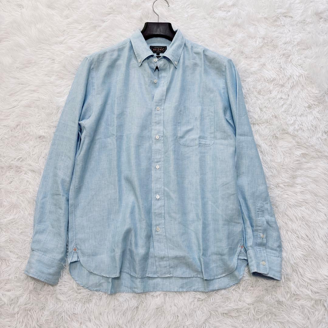 BEAMS PLUS BD リネン混シャツ 長袖 無地 日本製 水色 Lサイズ