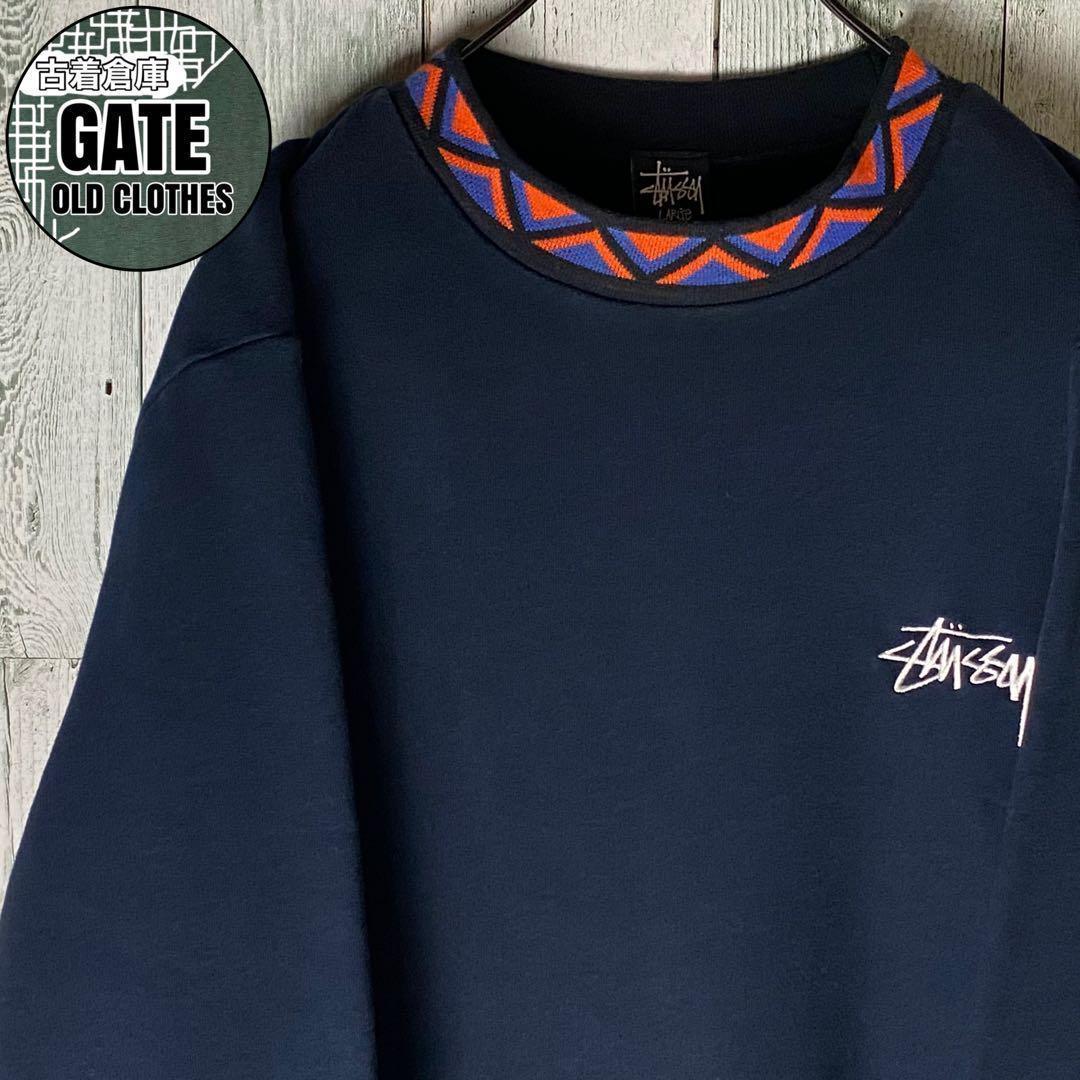 【※激レア】stussy ステューシー★刺繍ロゴ 襟総柄 薄手スウェット 黒 L