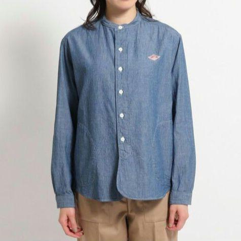 DANTON／バンドカラー　シャンブレーシャツ　長袖　青　34サイズ