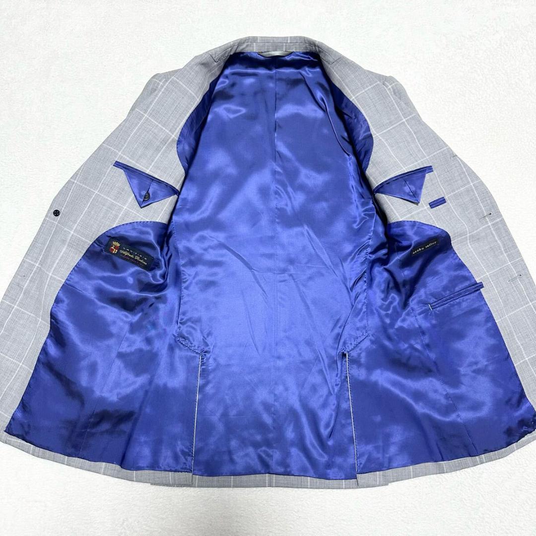 極美品 麻布テーラー 伊製 裏地ブルー ペンチェック スーツ 本切羽 グレー M