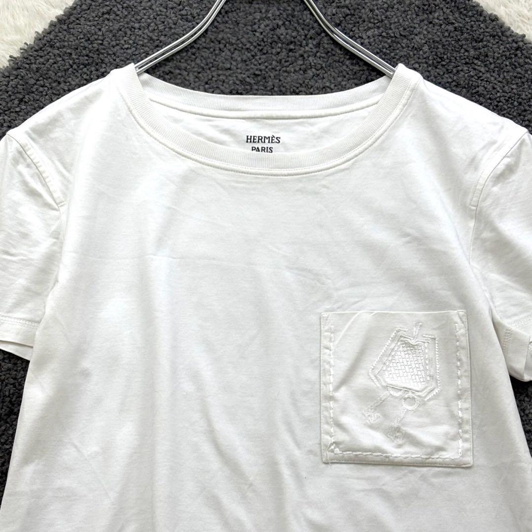 エルメス【38】白 半袖Tシャツ 刺繍ポケット