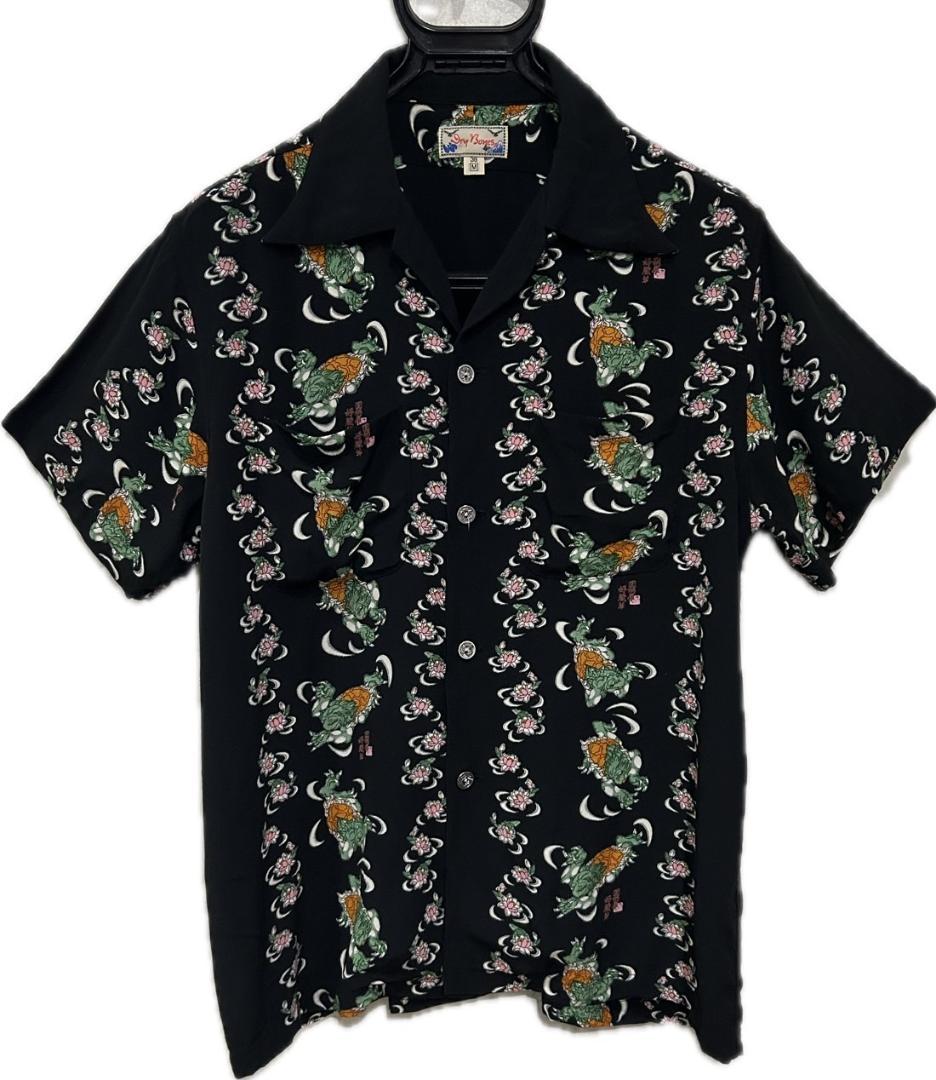 Dry Bonesドライボーンズチェック柄変形半袖柄シャツ Lサイズオ変形ボタン ドライボーンズ 図柄屋好蔵筆 河童 総柄 古銭ボタン アロハ