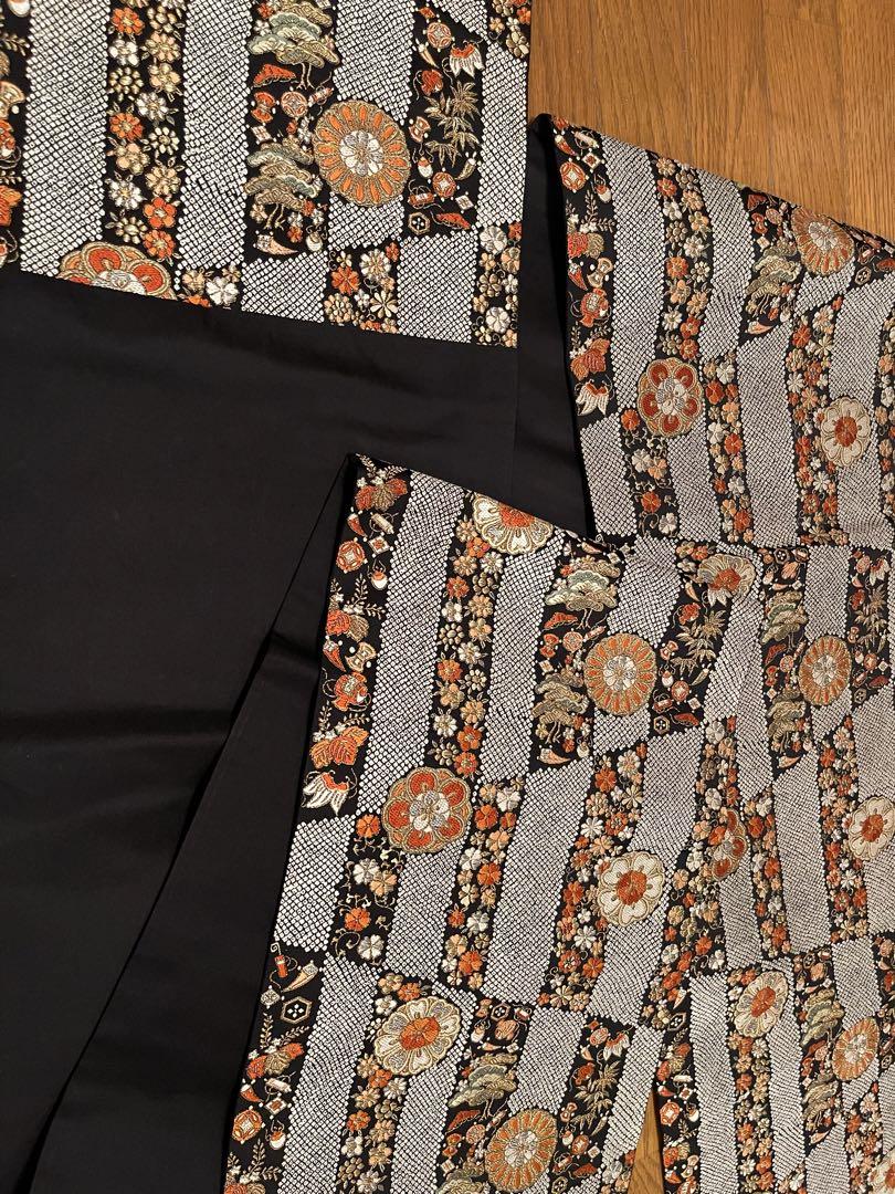 コリアグランドセール 袋帯 吉祥宝尽くし 花柄 黒地 白 オレンジ 金 刺繍 礼装 着物・浴衣