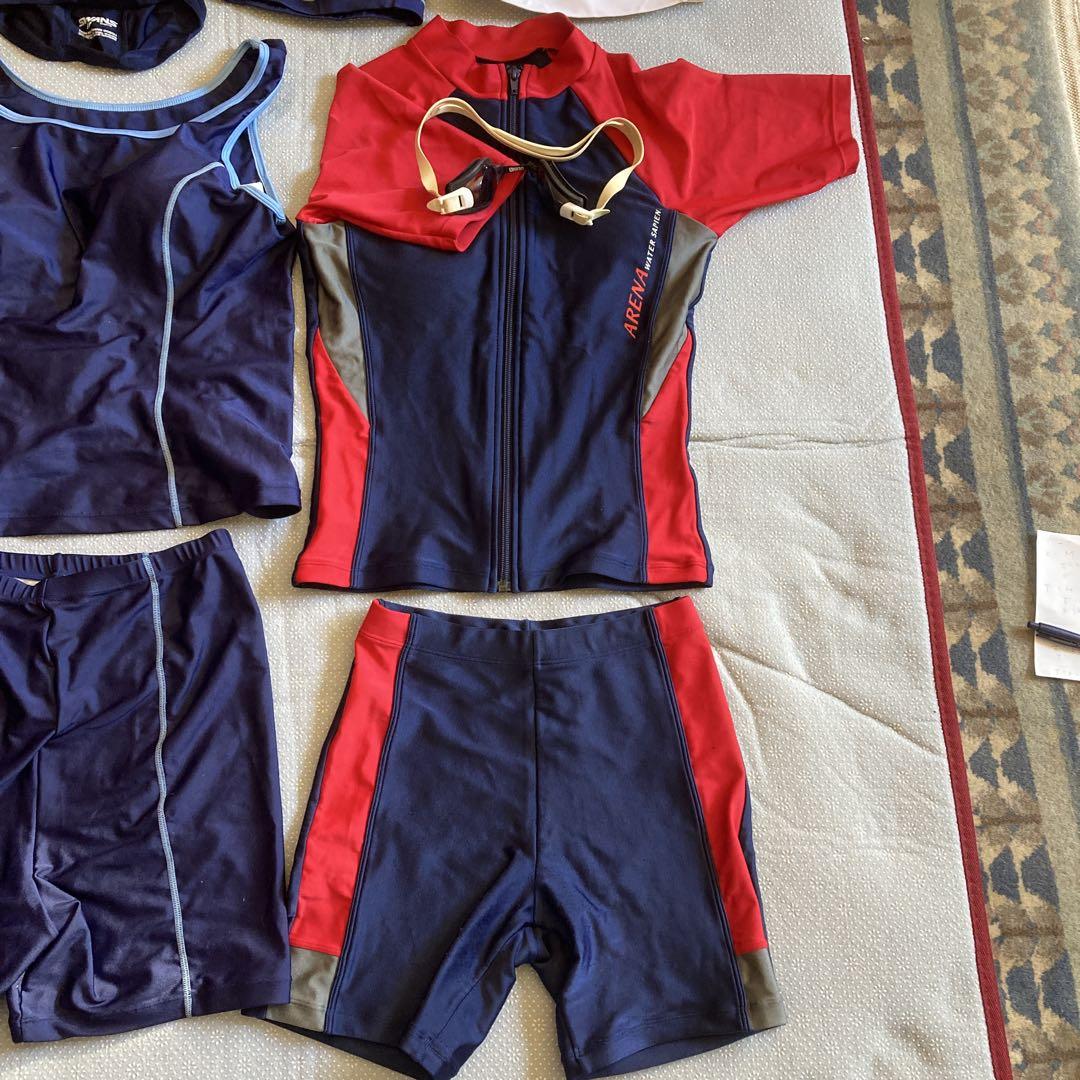 水着セット ネイビー・レッド、スイムキャップ3つ、スイムゴーグル スポーツ用