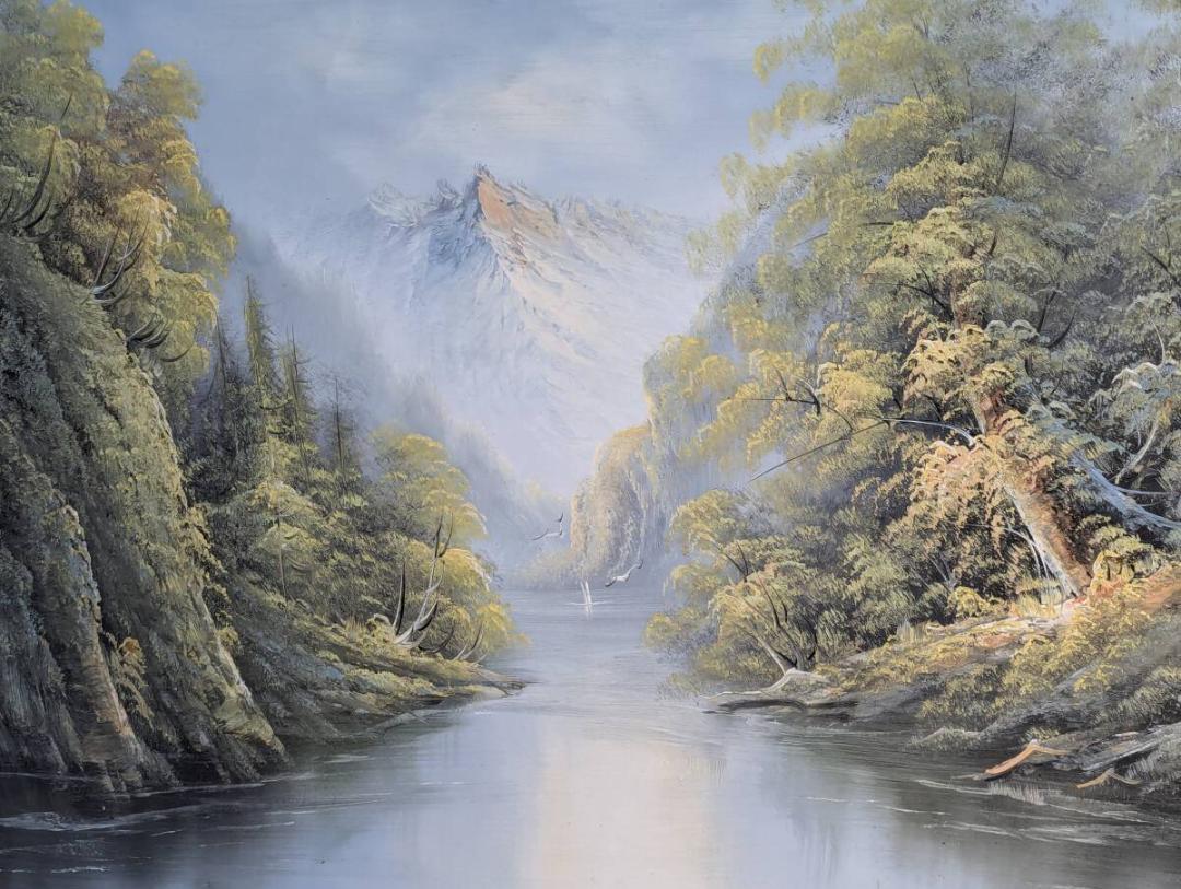 【真作】絵画　油彩　雄大な山岳風景画　静寂な川辺の自然　自然の息吹　V92