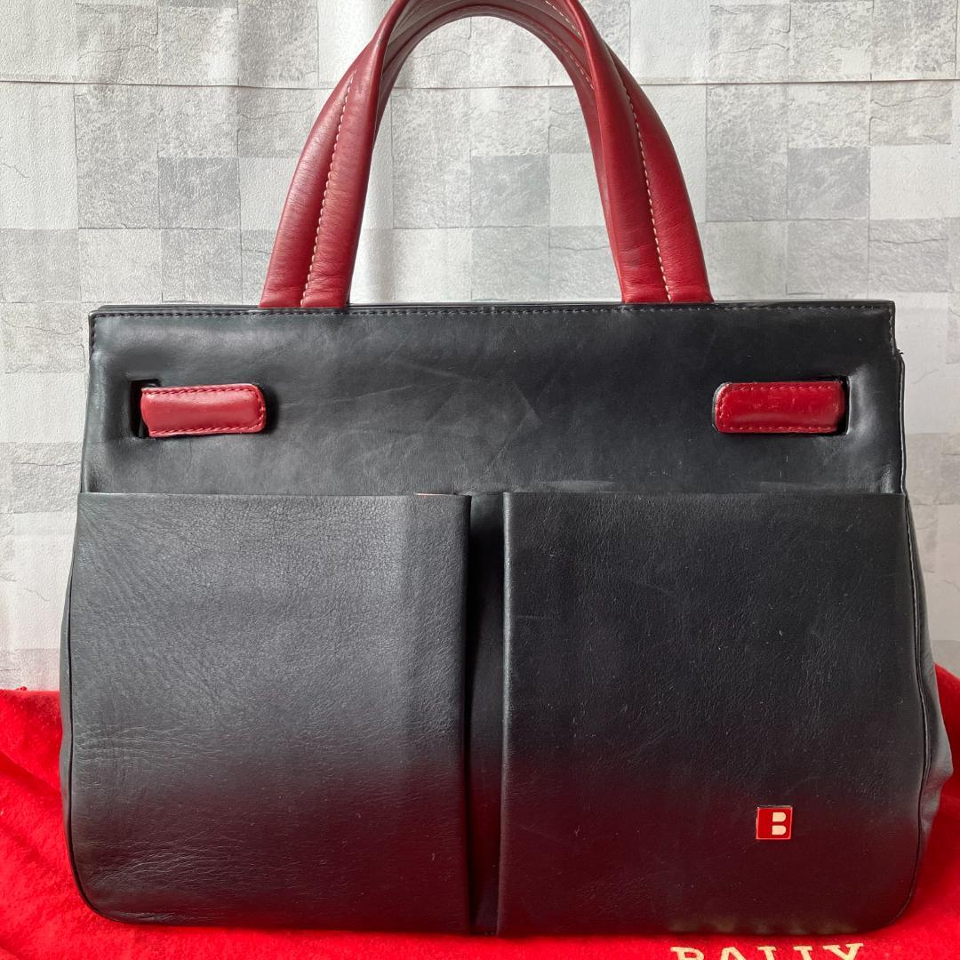美品 BALLY ハンドバッグ Wポケット Bロゴ レザー 保管袋あり 赤 黒