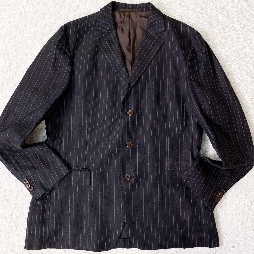 Zegna ゼニア ジャケット リネン混 ストライプ 黒 54R XL相当 春夏