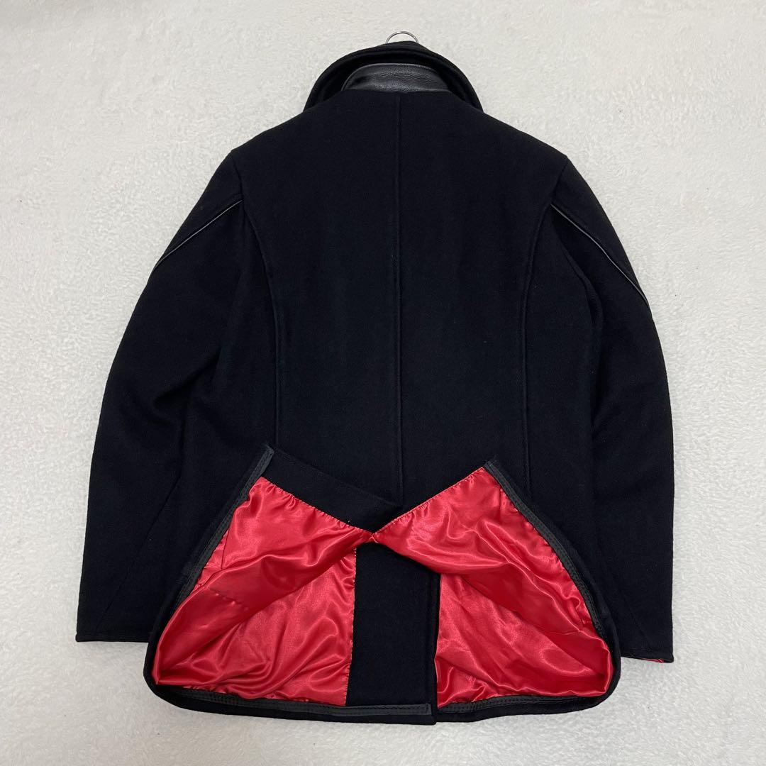 【美品】ショット　ピーコート　レザーパイピング ブラック L 裏地レッド