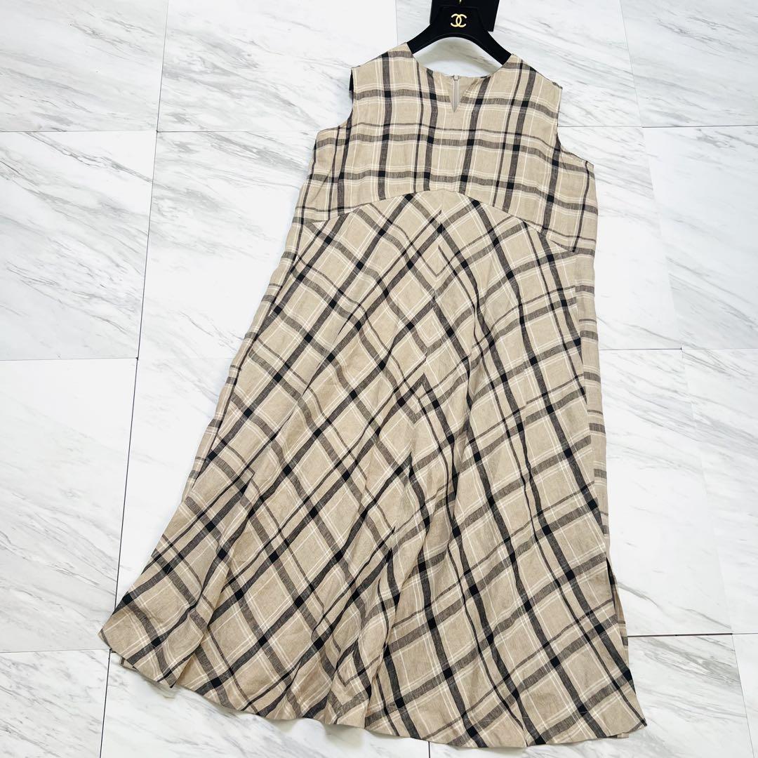 極美品 3L相当 ダーマコレクション リネン100% ロングワンピース チェック