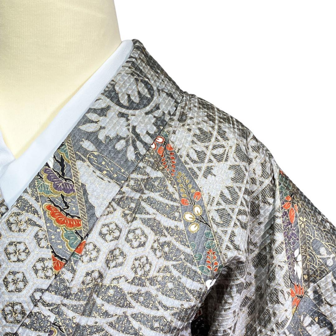 T34着物　小紋　正絹　美品鶴　松　膨み　身丈155cm