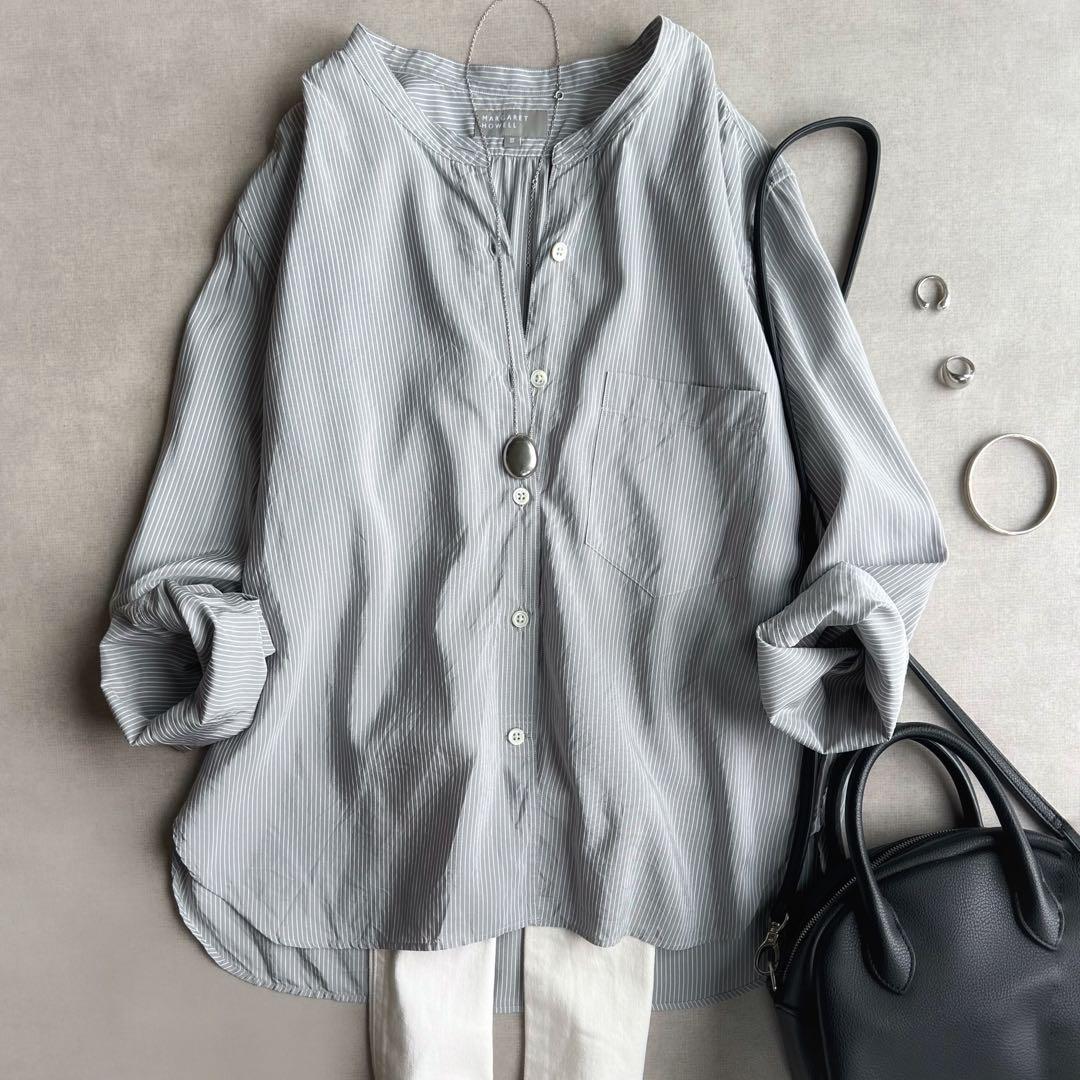 美品△ マーガレットハウエル//シルクコットンストライプシャツ