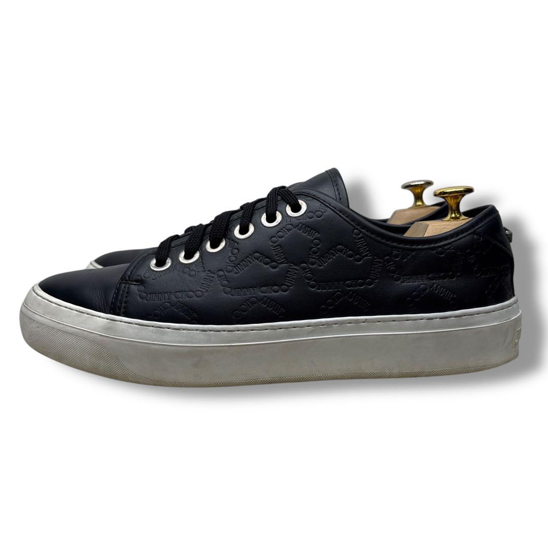 美品□JIMMY CHOO【27.0】ロゴ総柄 レザースニーカー ブラック