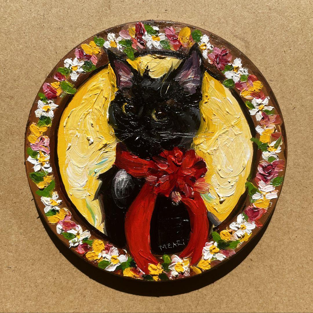 黒猫とリボン油彩画 ミニ絵画　原画　手描き