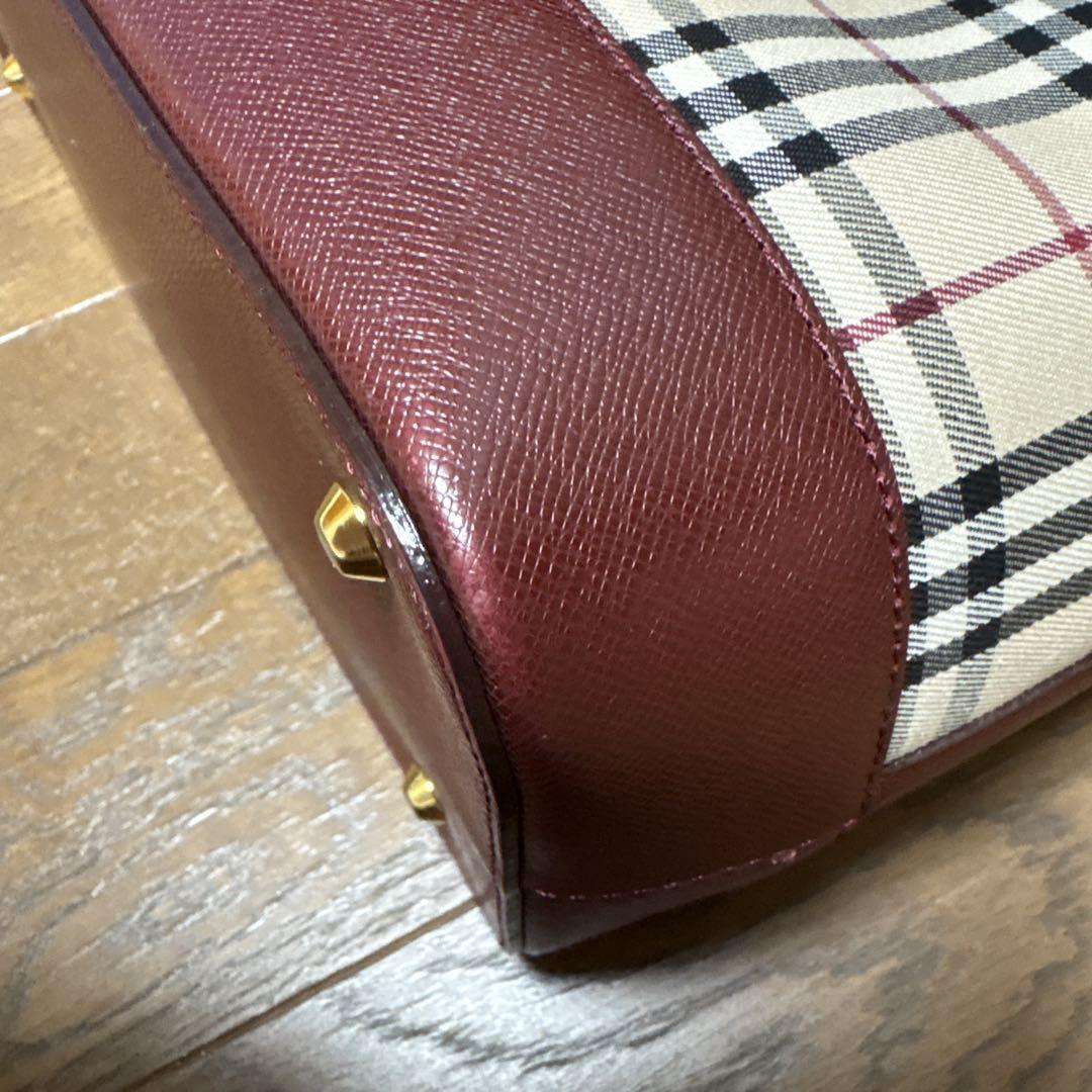 バーバリーボルドーキャンパスレーザー　ノバチェック柄 ミニトートバック