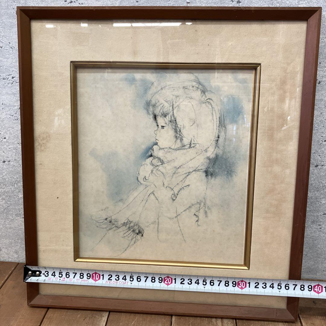 昭和レトロ いわさきちひろ 女の子 人物画 鉛筆画 色紙 絵画 壁掛け 額装
