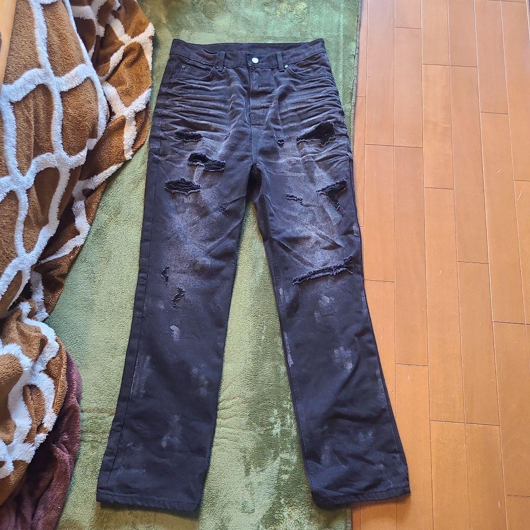 ダメージ加工 ストレートデニムパンツ 黒M