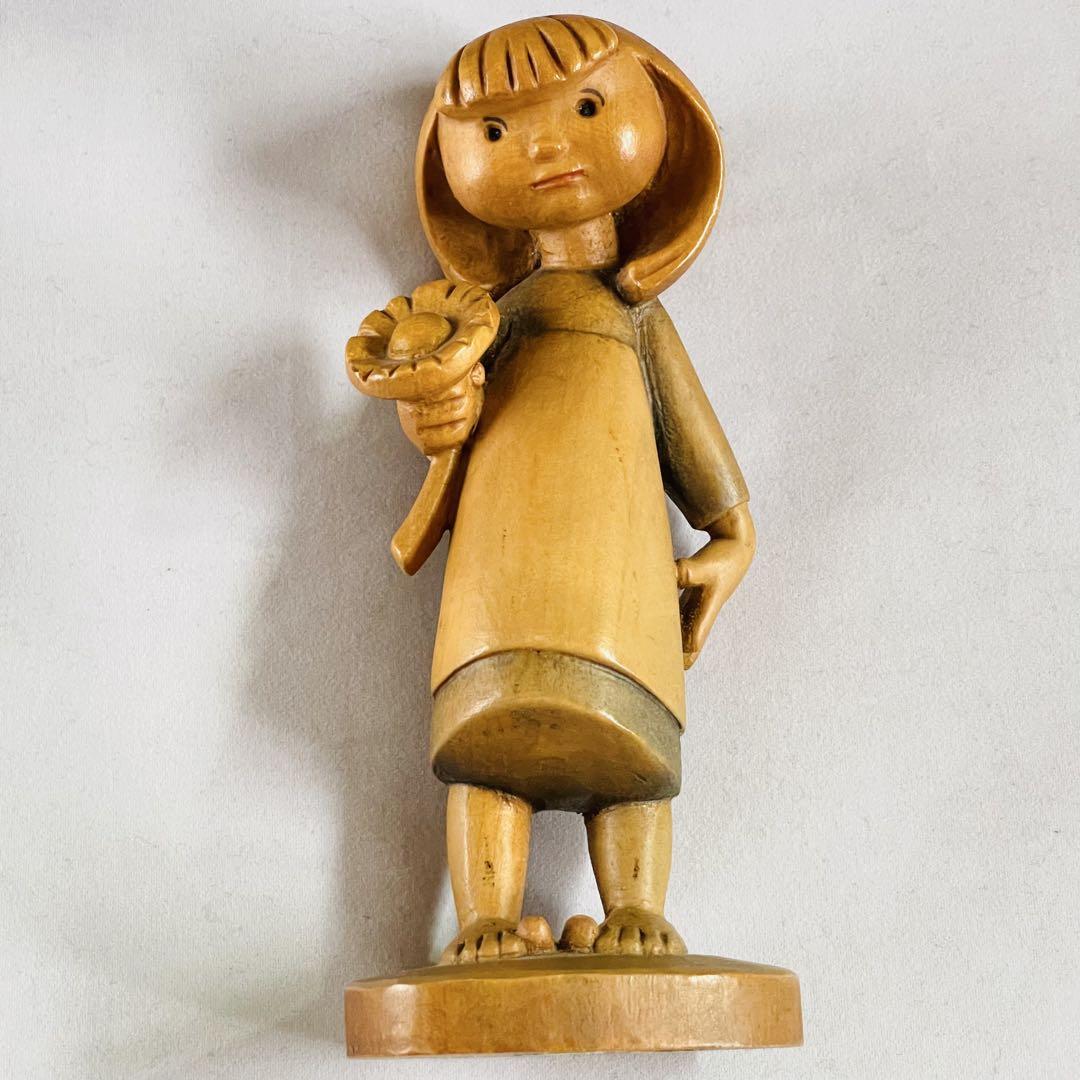 アンリ 木彫人形 Happy Children Wood Girl Flower