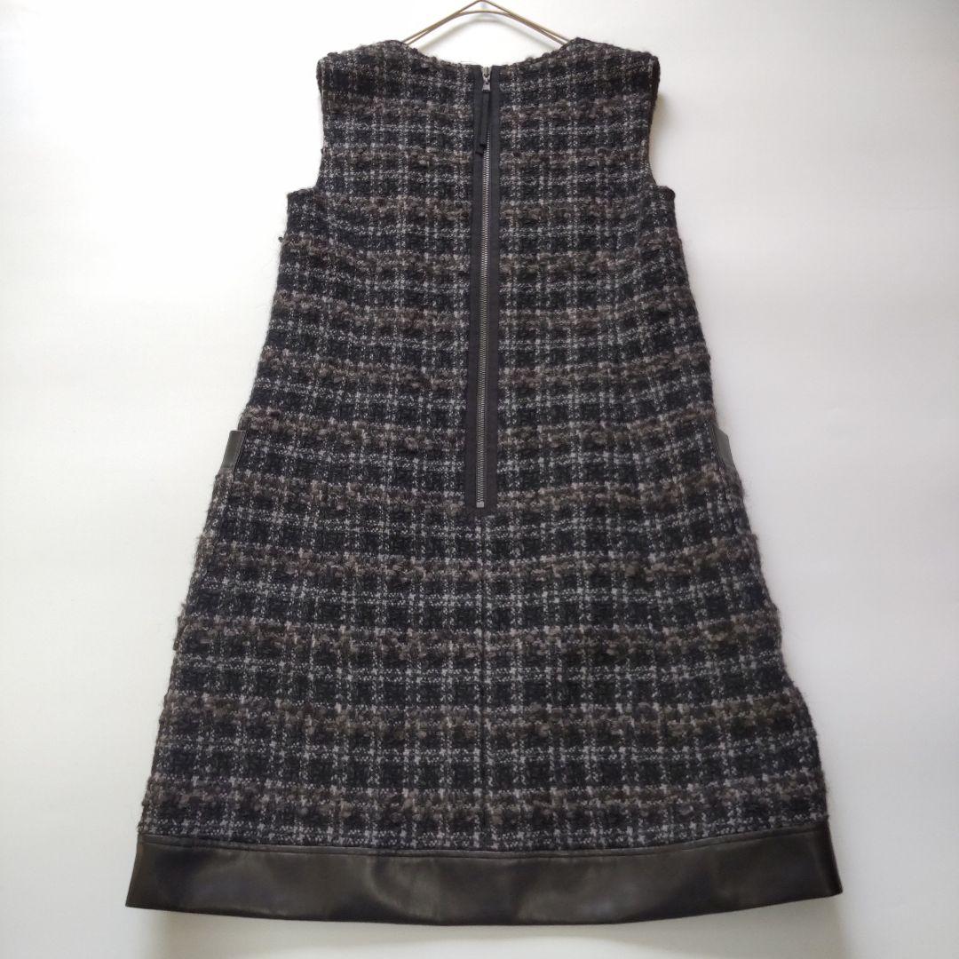 フォクシー 定価15万 ツイード フェイクレザー ノースリーブ ワンピース 40L Foxey DECORATOM_COM_BR