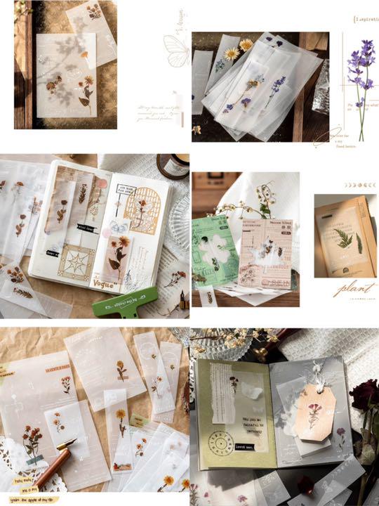 新品❗️花朝紀シリーズ 植物風硫酸紙素材ペーパー コラージュ素材 6種90枚 最新人気 花朝記シリーズ 硫酸紙コラージュ素材ペーパー 6種 90枚セット ノート/メモ帳