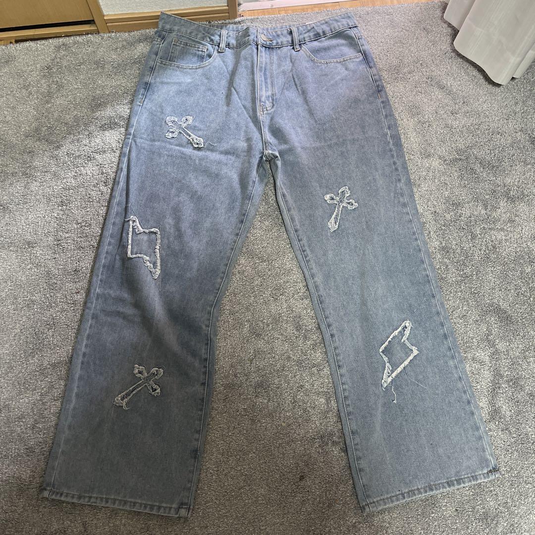 グレー ダメージ加工 ワイドレッグデニムパンツ - メルカリ