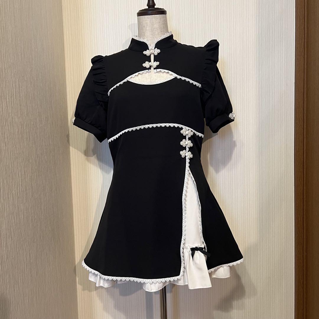 夢展望　チャイナミニワンピース　LL ブラック 半袖