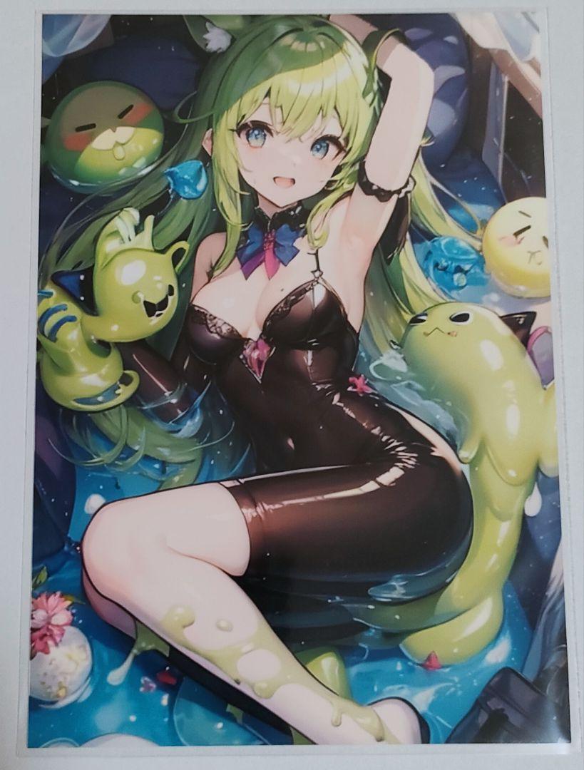 スライムと仲良しな緑髪の可愛い女の子　イラスト写真　オリジナル