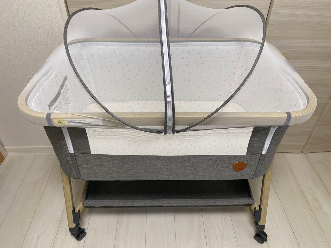 HZDMJ ベビーベット グレー 蚊帳付き 袋付き HZDMJ ベビーベッド マットレス付き ミニ おすすめ 添い寝 二年