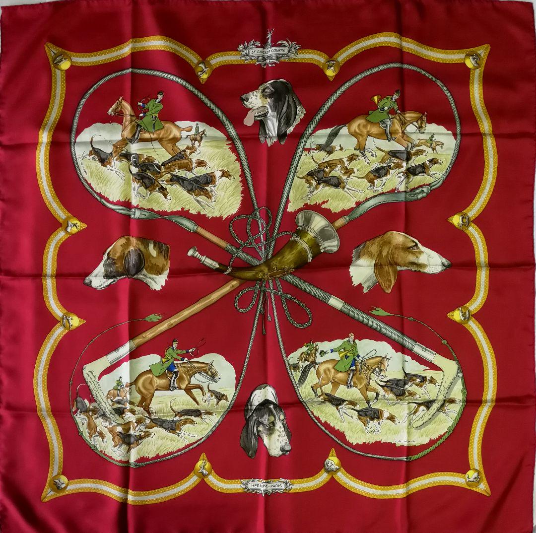 エルメス　スカーフ　カレ　90 猟犬 エルメス カレ90 MONARCH 犬 スカーフ シルク グリーン AP073991