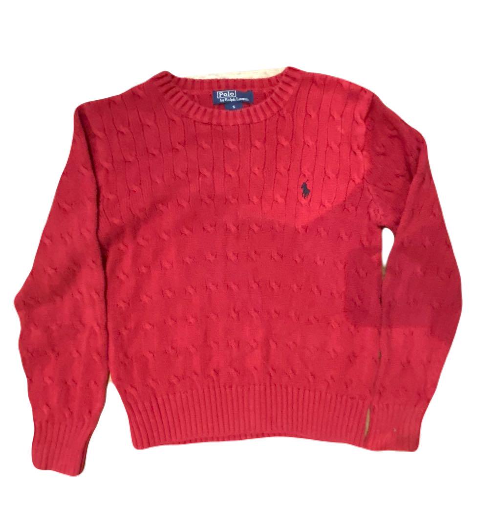 POLO レッド　ケーブルニット　長袖 POLO ラルフローレン】ケーブルニット コットンセーター 赤 S