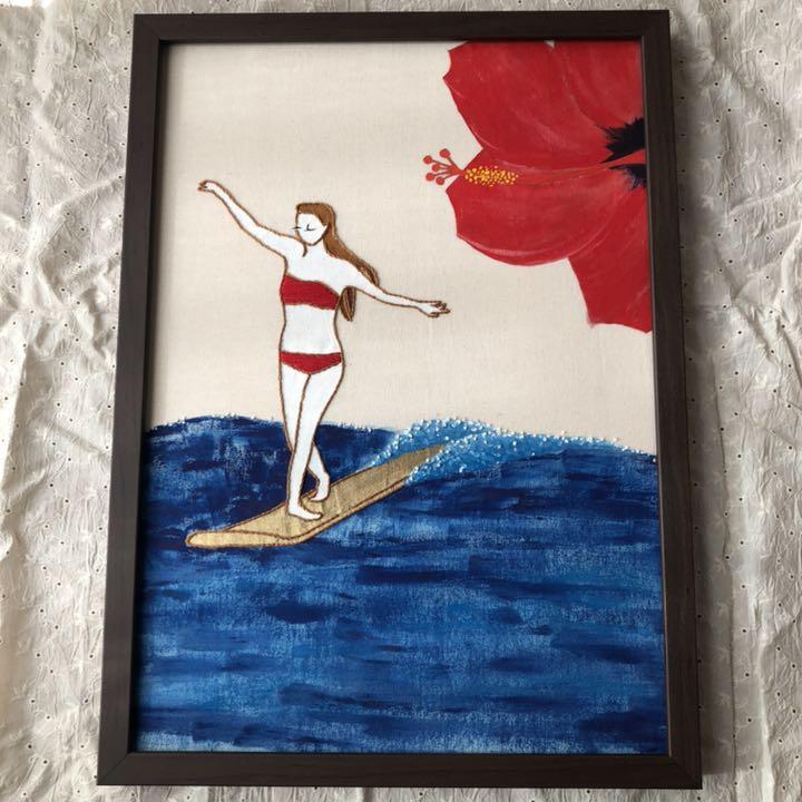 海とサーフィンのパステル画 原画 風景画 海の絵 海 パステル画 アート 絵画 サーフィン
