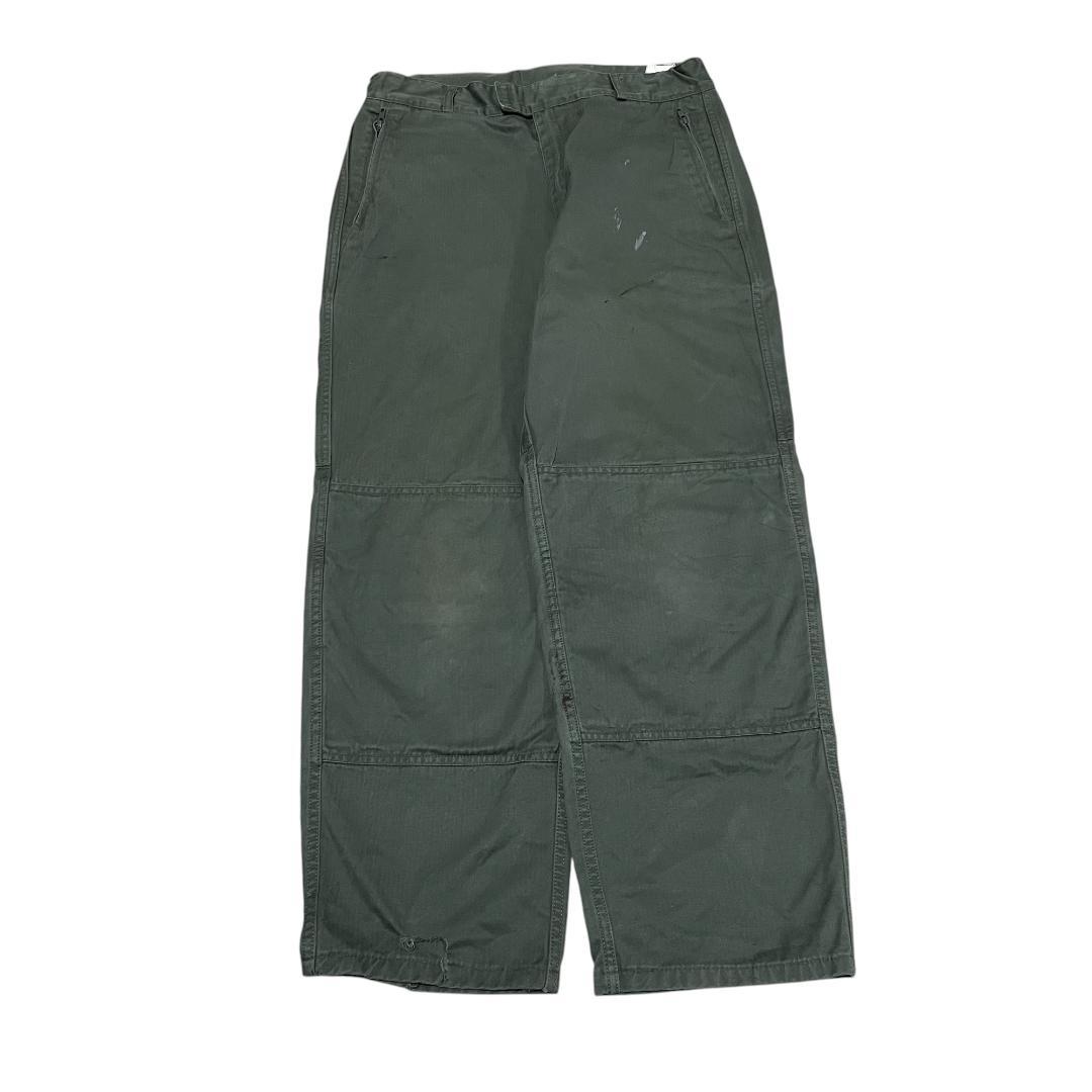 フランス軍ダブルニーミリタリーパンツヘリンボーンツイルw33カーキ古着緑グリーン