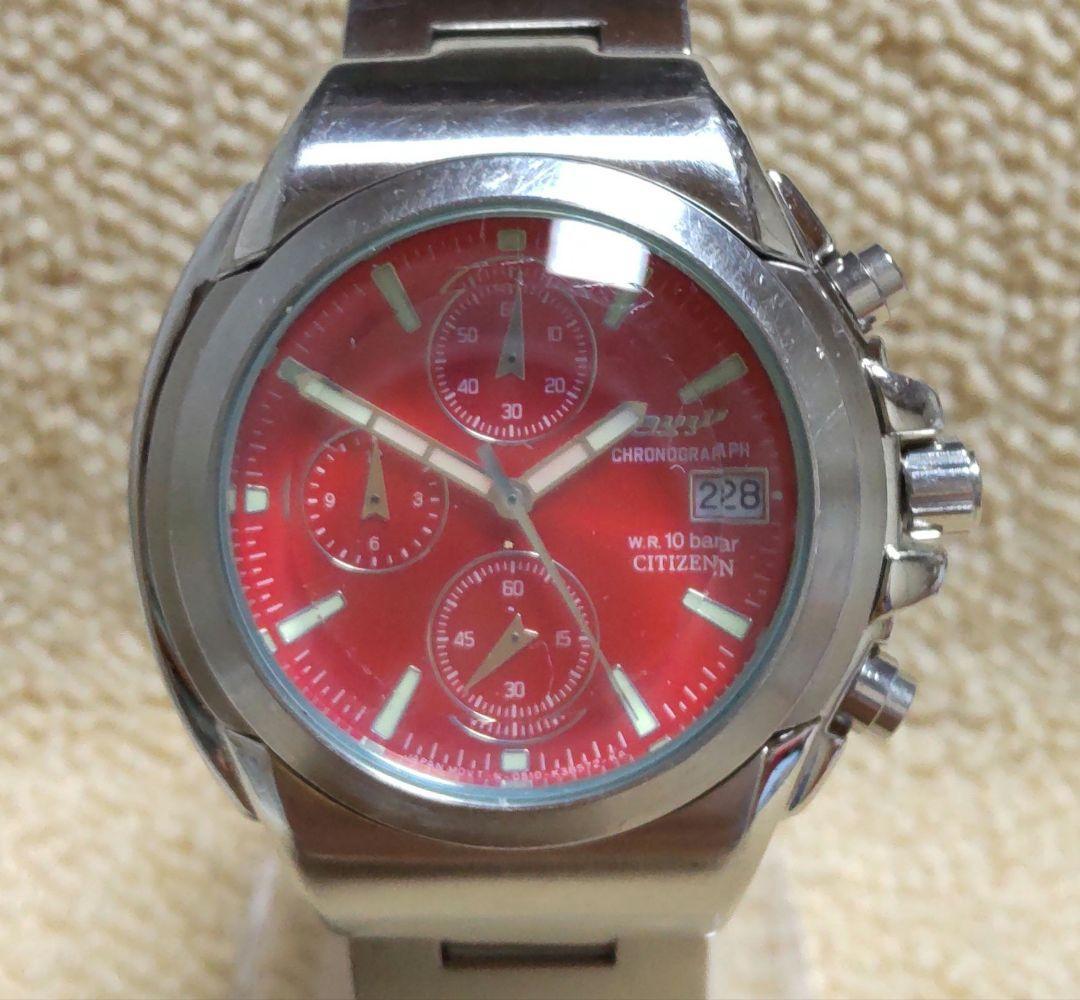 【稼動品レア】CITIZEN OXY メンズ腕時計　クォーツ　ワインレッド文字盤