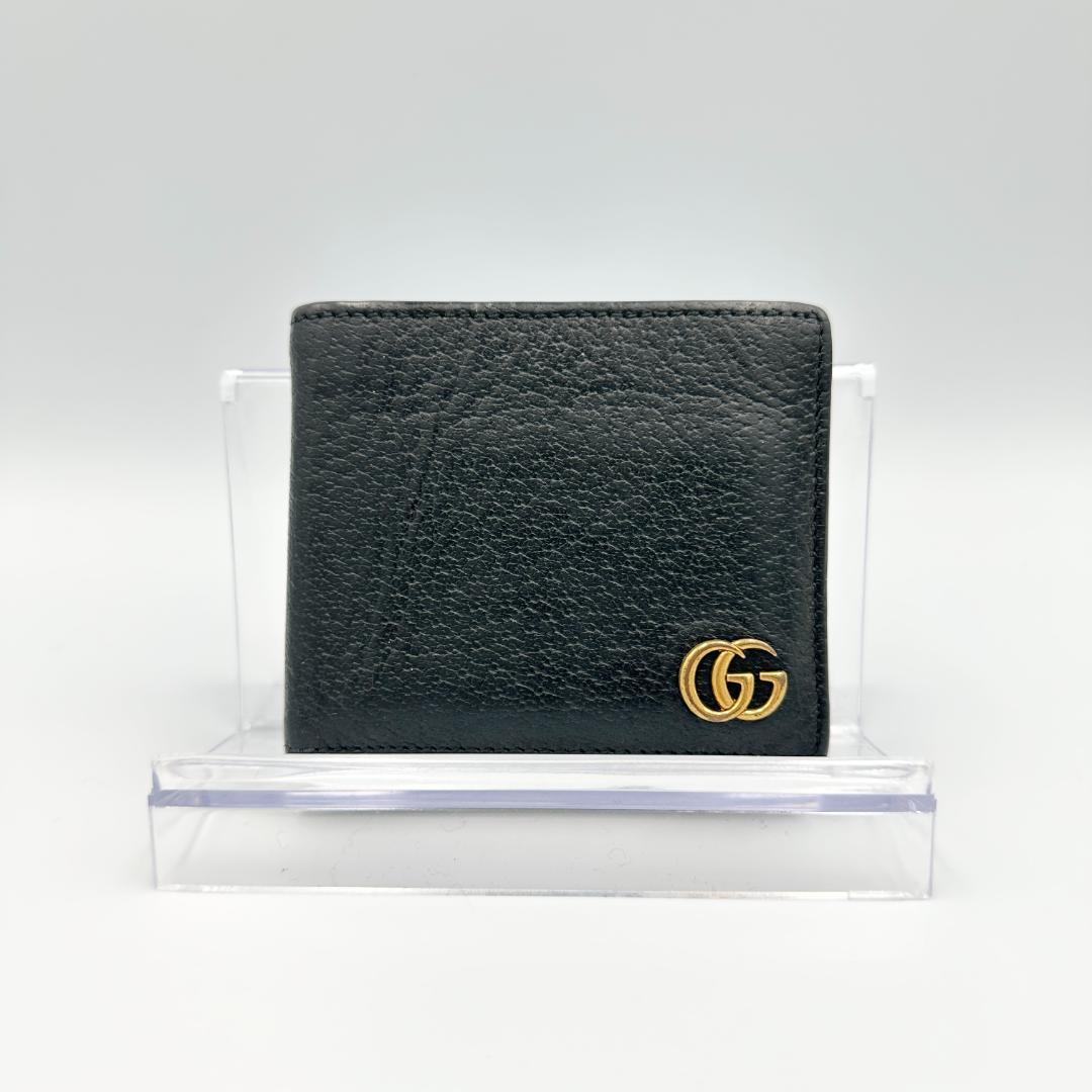 【美品】GGマーモント 折財布　レザー　ブラック　ゴールド金具