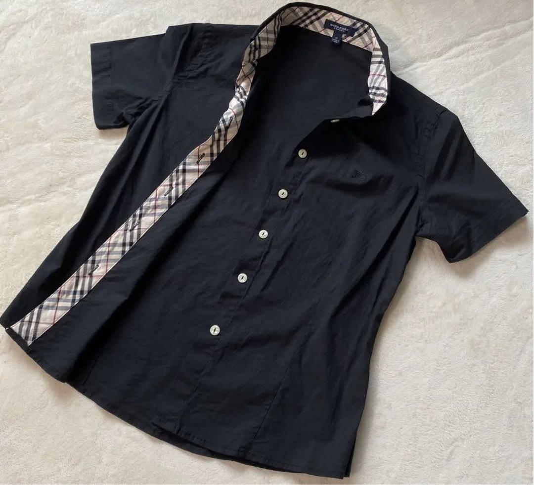 美品 バーバリー BURBERRY LONDON ノバチェクシャツ 半袖S 黒