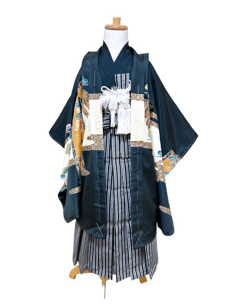 仕付け糸付新品羽織着物♡七五三　5歳　男の子　フルセット　一式　縦縞袴　黒系　鷹 仕付け糸付新品羽織着物♡七五三 5歳 男の子 フルセット 一式