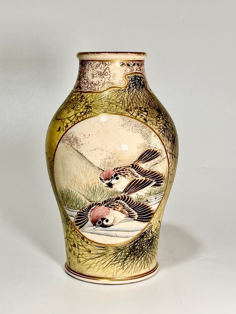 帯山 明治 京薩摩 花鳥文花瓶 錦光山 京焼 薩摩
