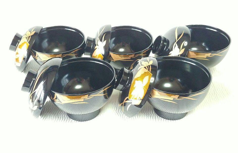 未使用品】会津塗 蓋付汁椀 5客セット（木箱付）購入先:白木屋漆器店