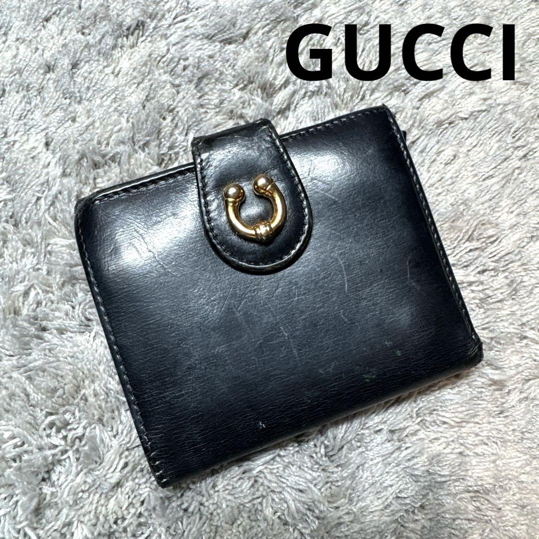 ブラック二つ折り財布 ゴールド金具付き GUCCI グッチ 二つ折り財布 レザー ブラック ゴールド金具