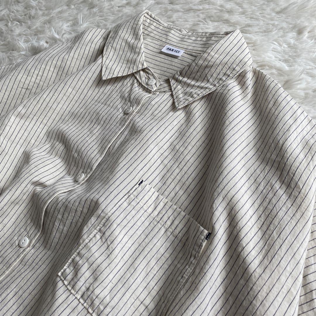 美品☆PAR ICI パーリッシィ ストライプシャツワンピース リネン混 日本製