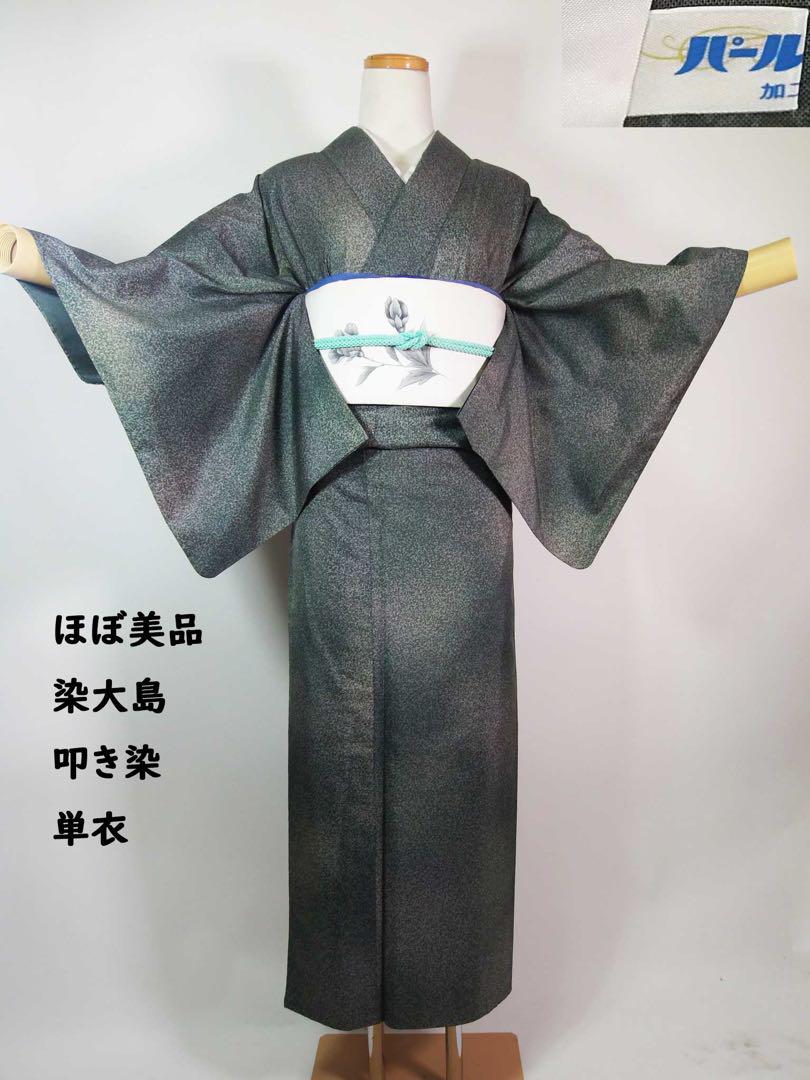 ほぼ美品 単衣 染大島紬 叩き染め 着物 正絹 灰色帯びた緑 ガード加工済み