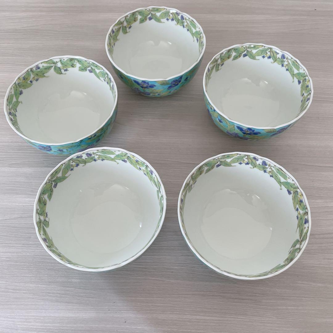 【箱入り】前畑陶器 庫山窯 紫草花 小鉢揃 中鉢 5個セット 色絵 染付