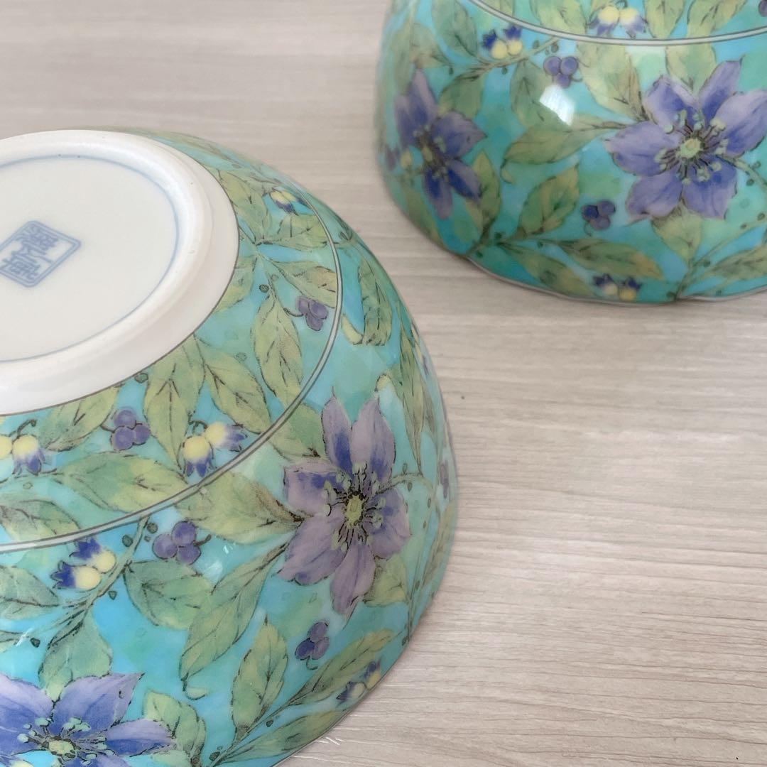 【箱入り】前畑陶器 庫山窯 紫草花 小鉢揃 中鉢 5個セット 色絵 染付