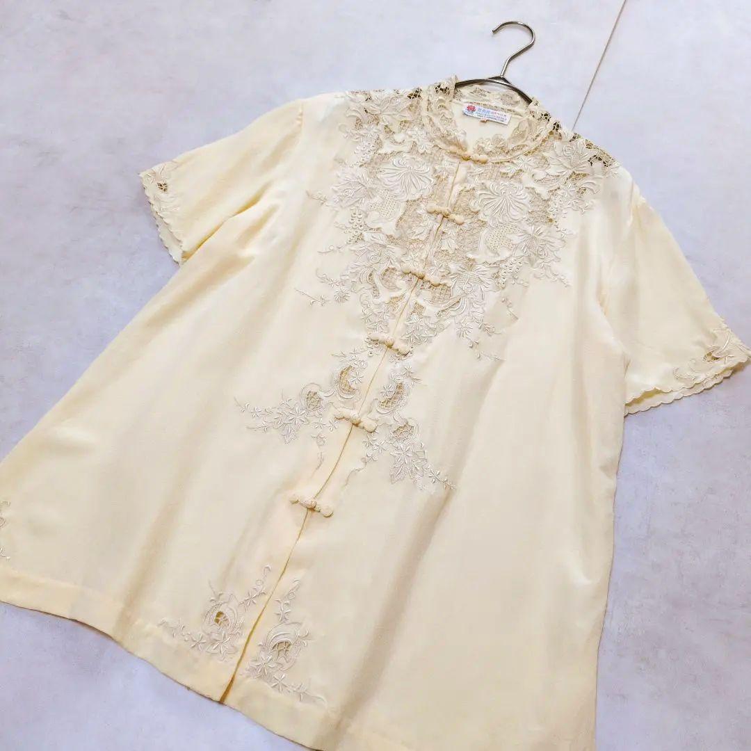 希少✨中華 仙頭系 刺繍 半袖ブラウス シルク絹 サイズ40