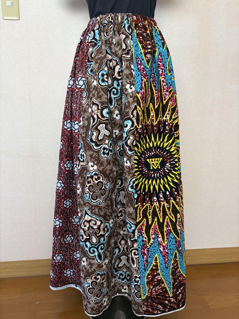 アフリカ布　パッチワークマキシスカート　ハンドメイド　④