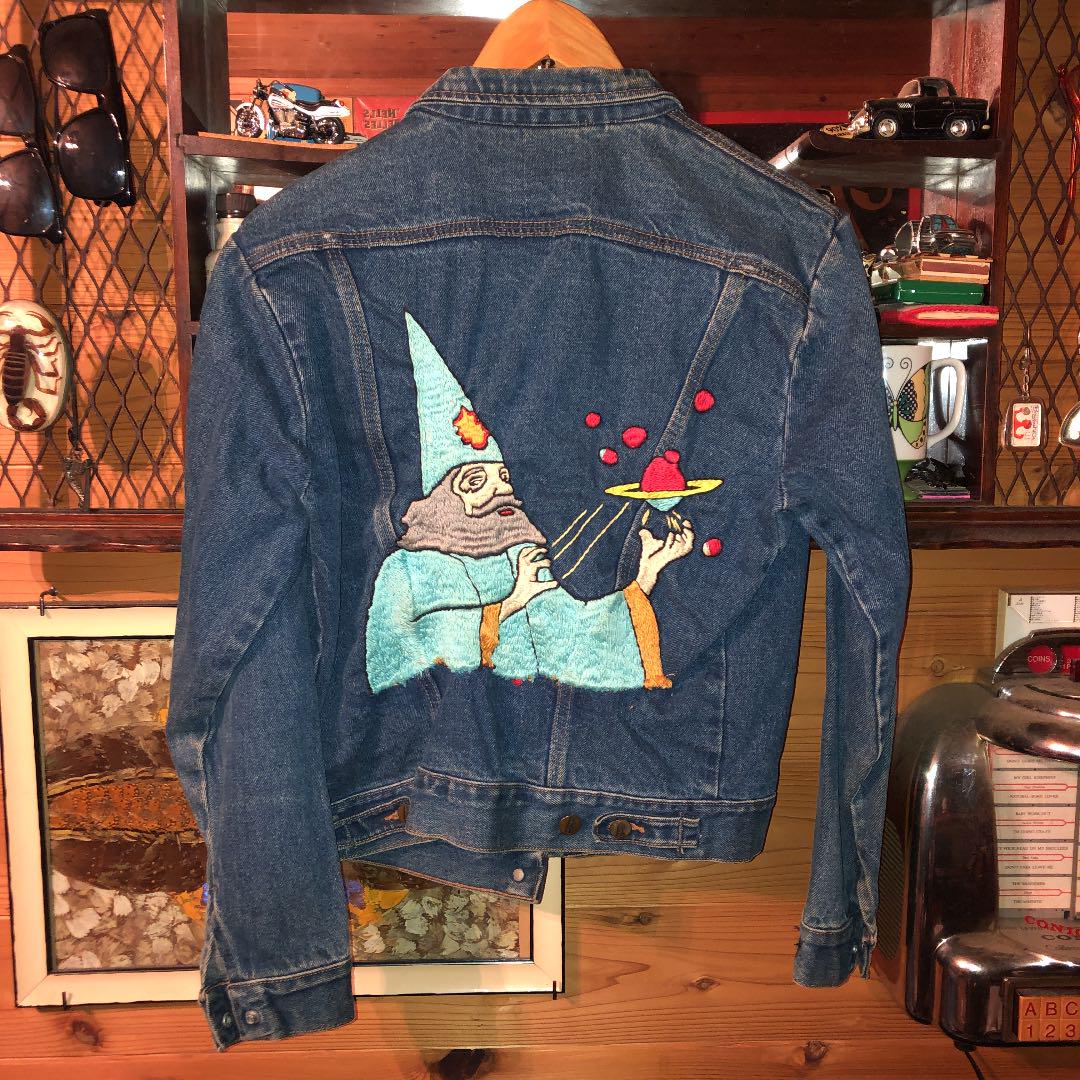 デニムジャケット　ラングラー　刺繍　ワッペン　魔法　とんがりコーン　70s 夢