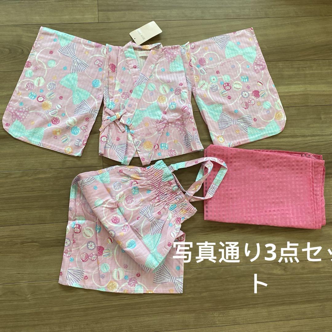 新品 メゾピアノ 女の子 リボン飴柄 浴衣 3点セット100cm