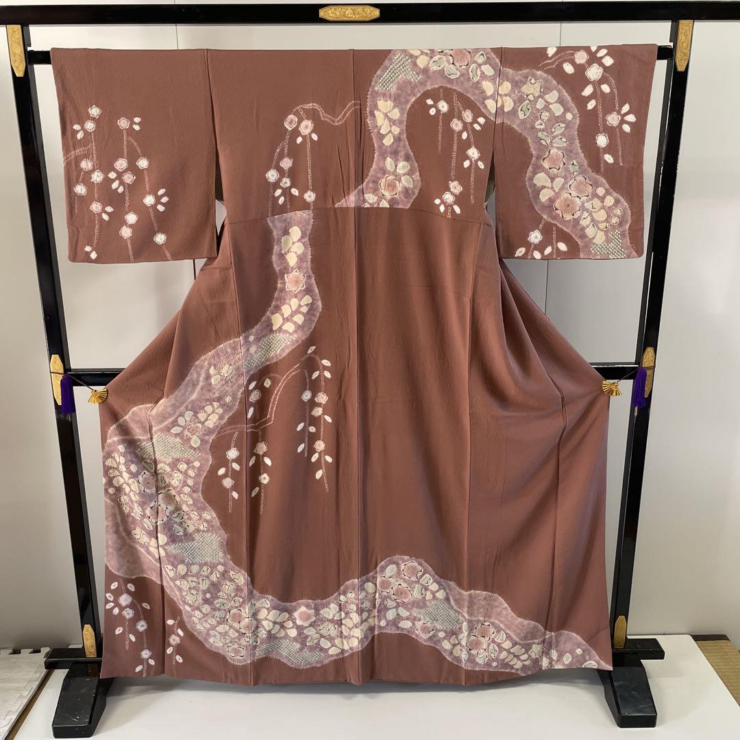 AK-1558   付下げ　辻ヶ花　一部しぼり　縮緬　正絹　広衿　袷　着物
