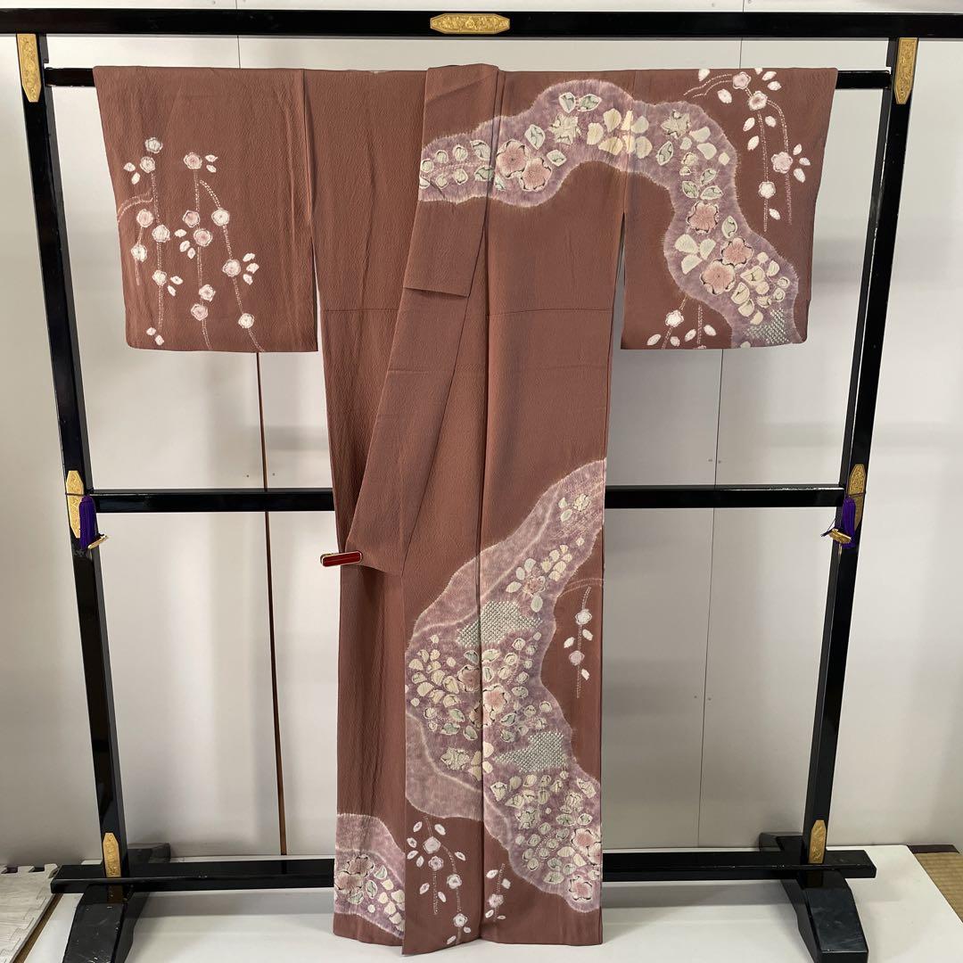AK-1558   付下げ　辻ヶ花　一部しぼり　縮緬　正絹　広衿　袷　着物